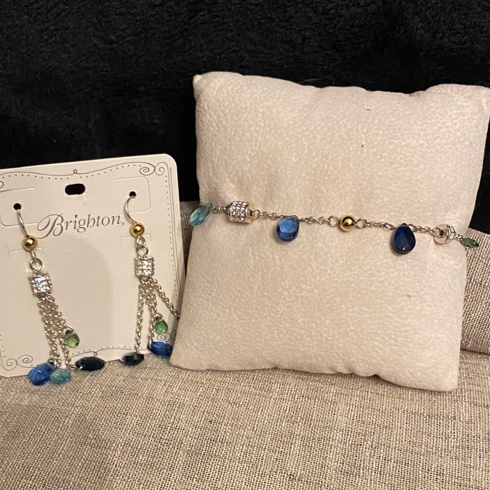 Brighton Meridian Silver and Gold Earrings & Bracelet set with blue crystals